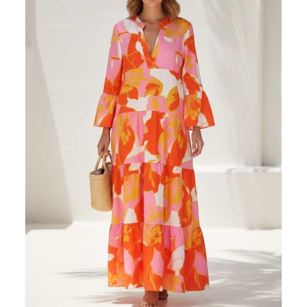 SUNDAY UP Orange/Yellow/Pink TROPICAL FLORAL Bell Sleeve TIERED MAXI DRESS Sz M